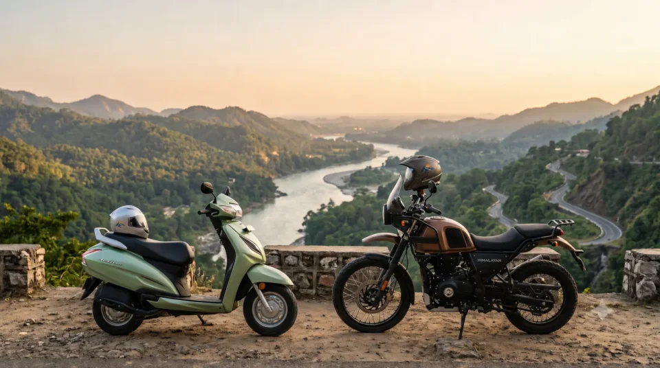 Illustration comparing a scooty and a Himalayan-style motorcycle above the Ganga valley near Rishikesh