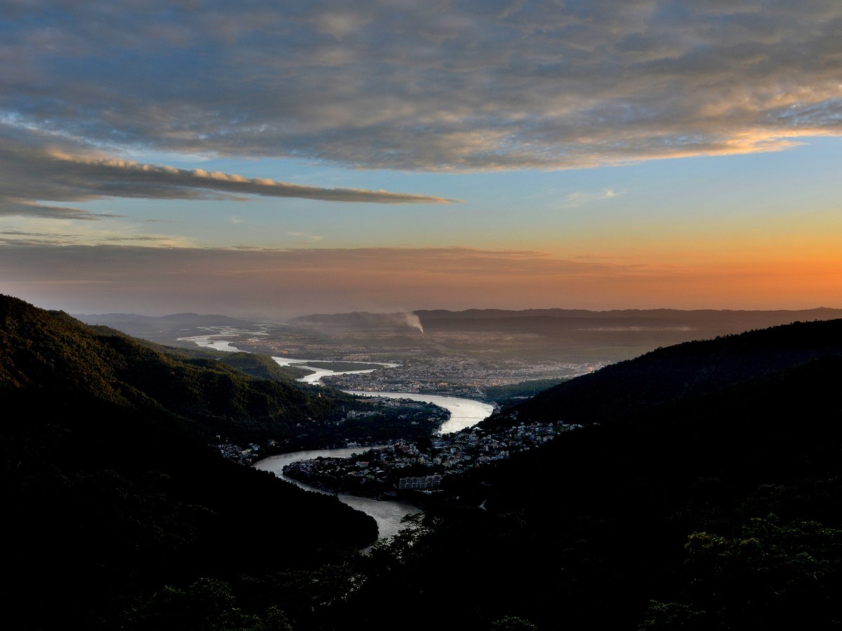 The Ganga valley at sunset seen from Kyarki viewpoint above Rishikesh