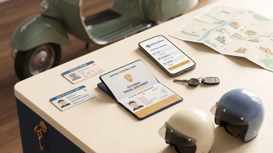 Illustration of generic rental documents, two helmets, a scooter key and a TBH booking checklist