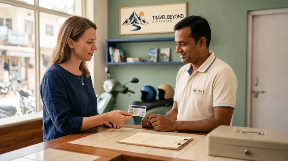 Illustration of a traveller presenting a driving licence for verification at a TBH rental counter