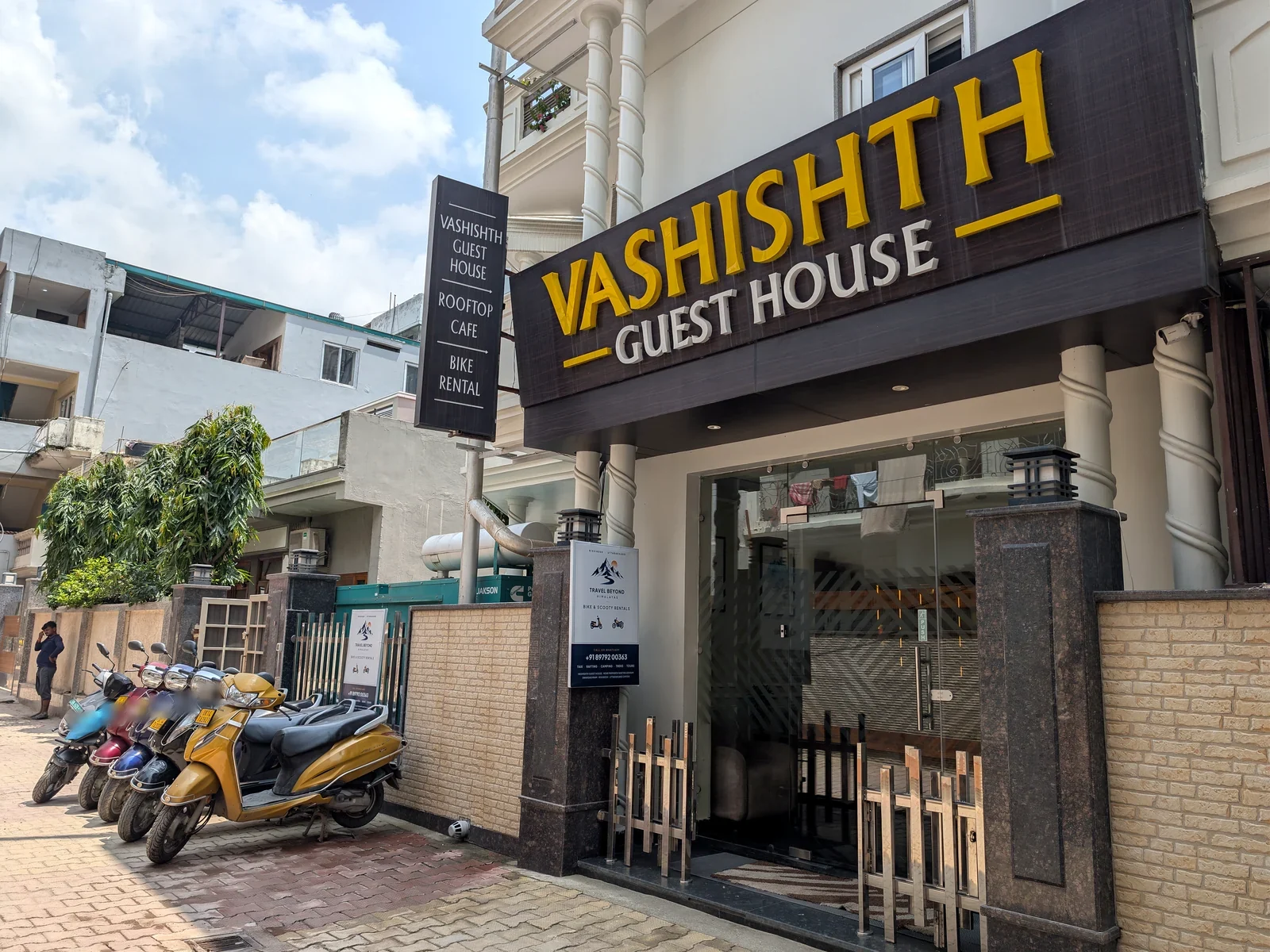 Travel Beyond Himalayas rental scooters outside Vashishth Guest House in Swarg Ashram, Rishikesh