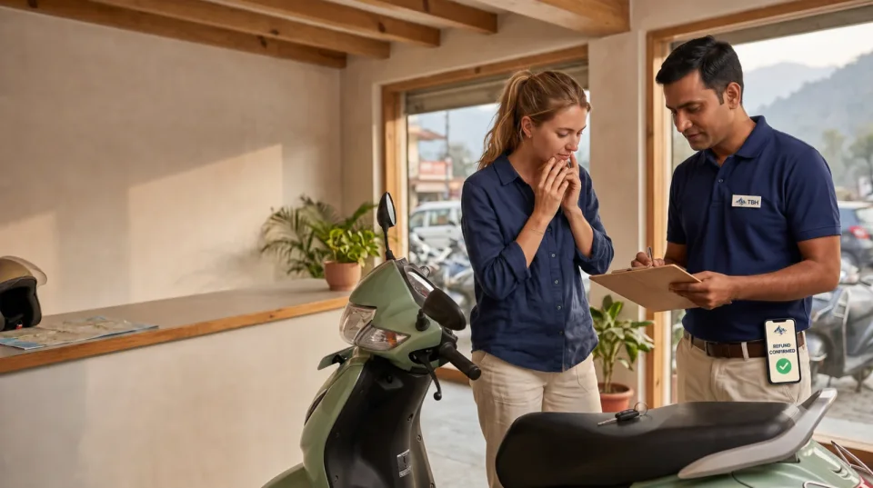 Illustration of a TBH team member inspecting a returned scooter and confirming a security-deposit refund