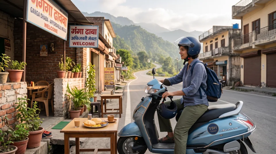 Helmeted traveller arriving on a TBH rental scooty beside an affordable local dhaba near Rishikesh