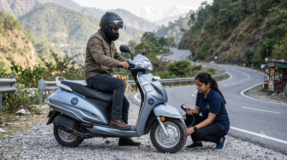 TBH team member checking a rental scooty tyre beside a properly helmeted rider on a Himalayan road