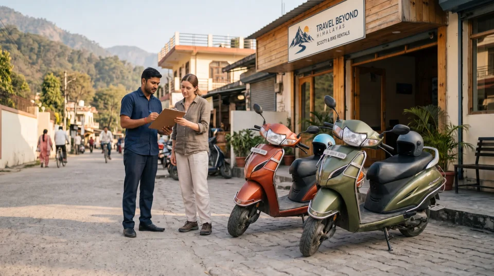 Illustration of a traveller reviewing scooty rental details beside two scooters in Rishikesh