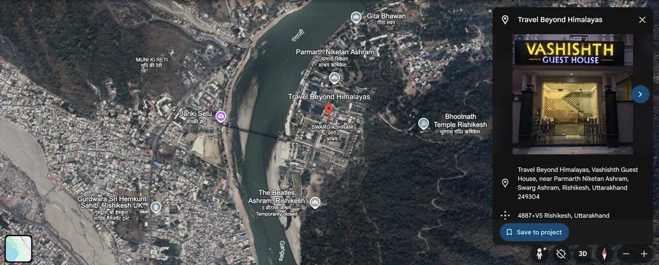 Google Earth overview showing the Travel Beyond Himalayas office in Swarg Ashram near Parmarth Niketan, Janki Setu and the Ganges in Rishikesh
