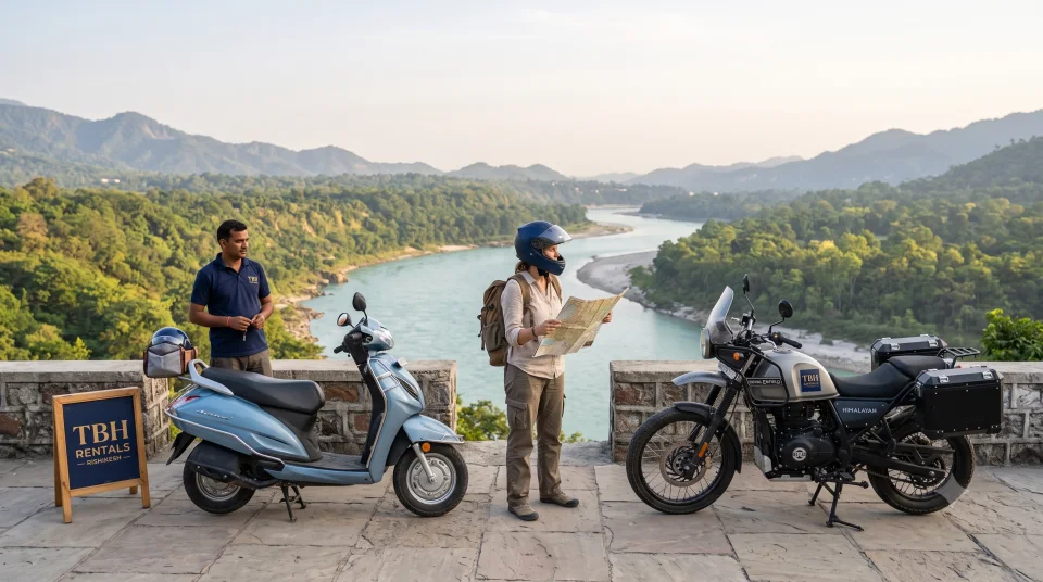 Traveller comparing a TBH rental scooty and Himalayan motorcycle at a viewpoint above the Ganga near Rishikesh