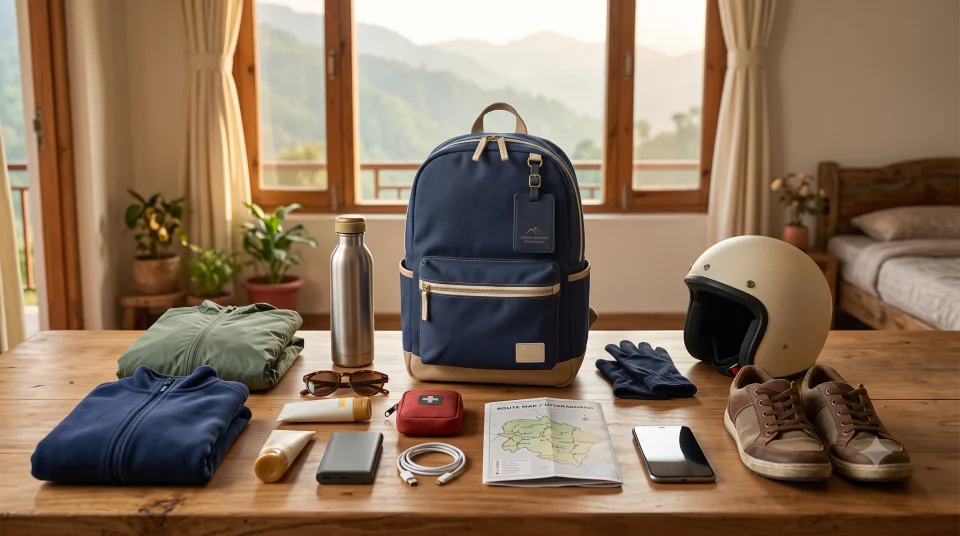 Backpack, clothing layers, helmet, water bottle, first aid, map and riding essentials arranged for a Himalayan foothills trip